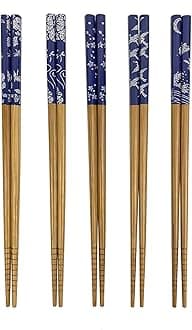 JapanBargain, Bamboo Chopsticks Reusable Japanese Chinese Korean Wood Chop Sticks Hair Sticks 5 Pair Gift Set Dishwasher Safe, 9 inch (10, Blue Print)