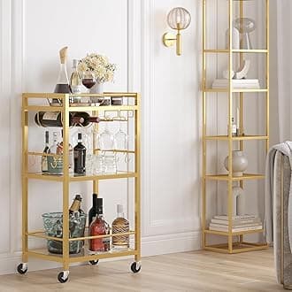 TUTOTAK Bar Cart, Home Bar Serving Cart with 3-Tier Mirrored Shelf, Drink Cart, Mobile Kitchen Shelf with Wine Rack, Gold BC01BB033