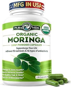 Organic Moringa Capsules, Pure Moringa Leaf Powder Single Origin for Energy, Metabolism & Immune Support, 120ct, 500mg Caps