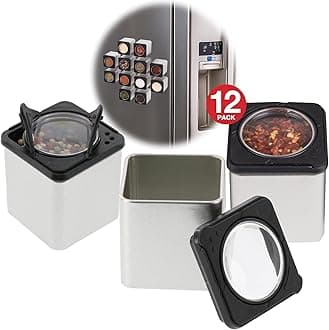 Set of 12 Magnetic Spice Jars, Shake or Pour Containers Attach to Most Refrigerator Doors & Appliances, Seasoning Dispensers- Easy Open Window Top Shakers- Salt Pepper Organizers, Space Saving Baking