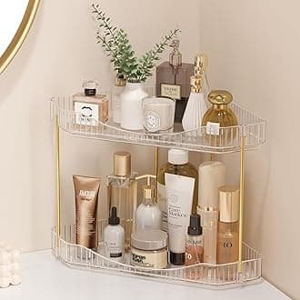 2-Tier Corner Bathroom Counter Organizer, Plastic Makeup Skincare Organizers Storage Countertop, Large Sink Cosmetic Perfume Shelf for Bedroom, Dresser, Kitchen, Vanity, Clear, 25 cm/10inch(H)