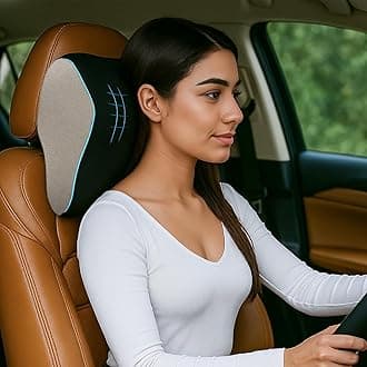 Sleepsia Car Neck Pillow for Head & Cervical Support | 1 Year Warranty | 100% Memory Foam | Ergonomic Car Seat Headrest Cushion – Relieves Neck Pain (Black/Grey)