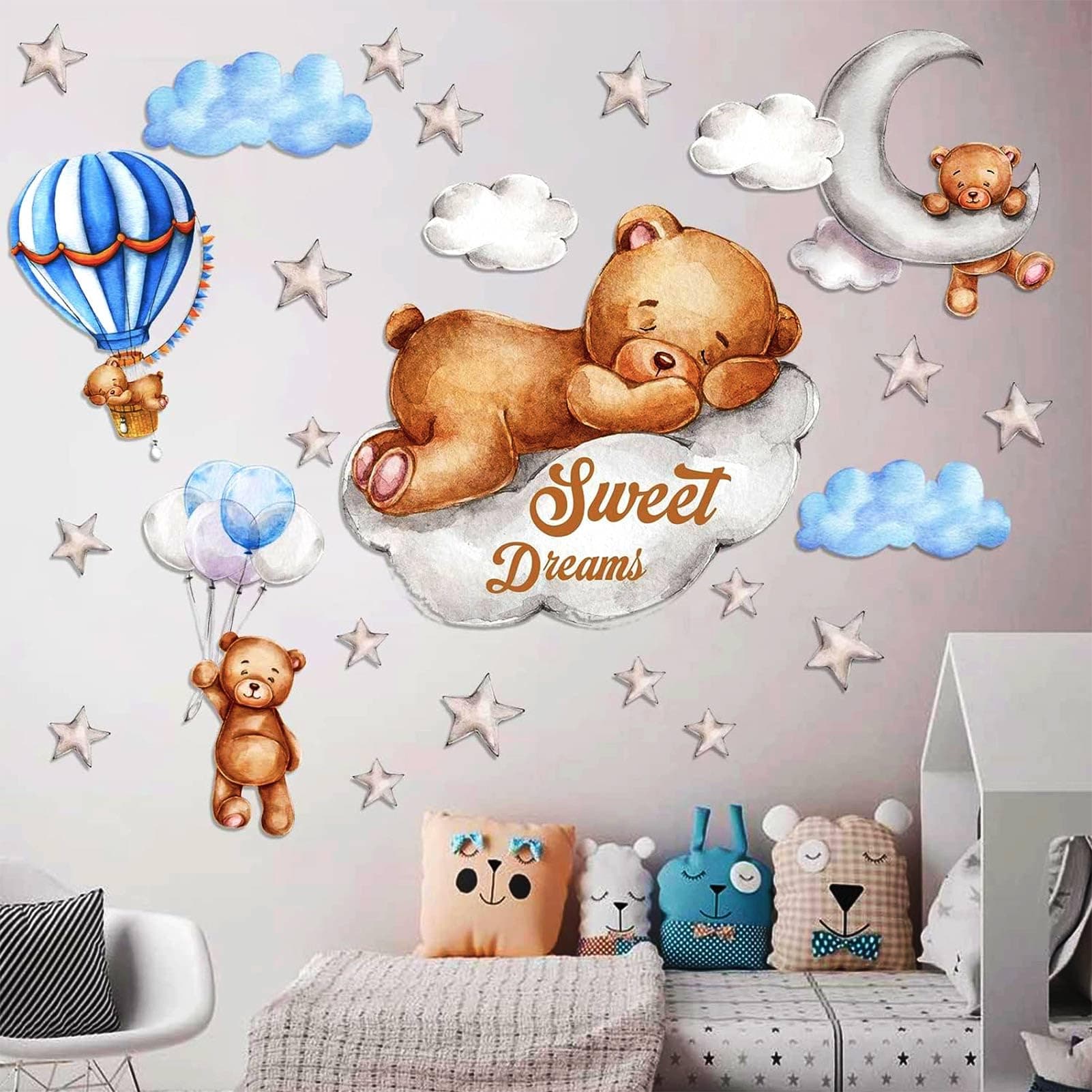 Tedy Bear Moon & Stars Wall Decor - Sleeping Bear Wall Stickers, Baby & Nursery Room Decor