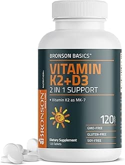 Bronson Vitamin K2 D3 (MK7) Supplement Non-GMO Formula Vitamin D3 5000IU (125 mcg) & 90 mcg K2 MK-7, Easy to Swallow D & K Complex, 120 Tablets