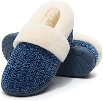 EvshineWomen's Fuzzy Memory Foam Closed Back Slippers Chenille Knit Fleece Lined House Shoes