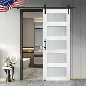 S&Z TOPHAND® 24 in x 84 in Glass Sliding MDF Barn Door with 5FT Sliding Door Hardware Kit, 5 Tempered Frosted Glass,PVC Surface, Simple DIY Assembly