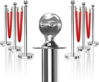 6PCS Silver Stanchions Posts with 4PCS 5 ft Red Velvet Rope, Red Velvet Rope Stanchion Set Crowd Control Barriers, Stanchions and Velvet Ropes Red Carpet Poles for Party Supplies
