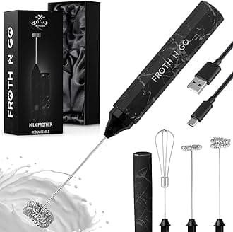 - Zulay Froth N Go Milk Frother – Rechargeable 3-in-1 Handheld Frother Wand with Travel Case & USB-C Charger – Single, Double & Egg Whisk for Latte, Cappuccino, Matcha, Protein Shakes – Black Marble