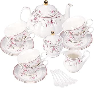 fanquare Vintage Porcelain Tea Set for Women Tea Party, Cup and Saucer Set for 6, Wedding Floral Teapot Set for Adults, Pink Rose