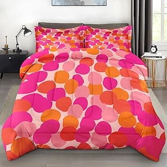Comforter Set King Size, Pink Orange Colorful Soft 3 Pcs Bedding for Kids and Adults, Fruit Retro Leaves Comforter Set with Pillowcase, for Bedroom Bed Decor