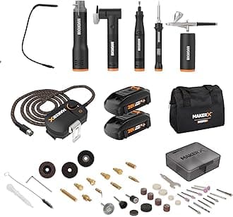 Worx WX996L MAKERX 6 Tool Kit: Rotary Tool, Wood & Metal Crafter, Air Brush, Heat Gun, Grinder and LED Flex Light in Carry Bag