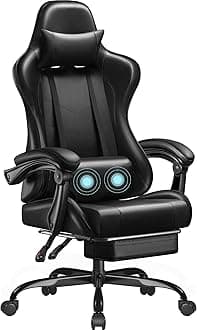 Gaming Chair, Video Game Chair with Footrest and Massage Lumbar Support, Ergonomic Computer Chair Height Adjustable with Swivel Seat and Headrest (Dark Black)