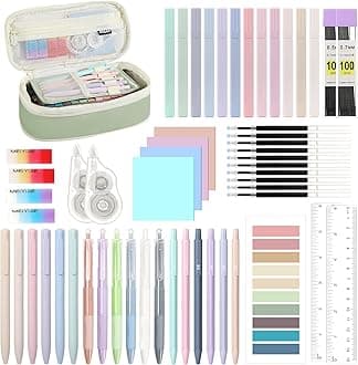 56 PCS Aesthetic School Supplies with Pencil Pouch, Cute Stationery Set for Students Office, 12 Gel Pens, 12 Pastel Highlighters, 6 Mechanical Pencils 0.5 & 0.7mm, Sticky Note Index Tab (Green)