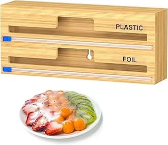 Angju 2 in 1 Bamboo Wrap Dispenser, Foil Dispenser with Slide Cutter and Labels, Aluminum Foil and Wax Paper Organizer Holder for Kitchen Drawer