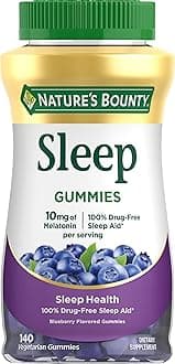 - Nature’s Bounty 10 mg Melatonin Gummy, 100% Drug Free Sleep Supplement, 10 mg, Blueberry, 140 Ct