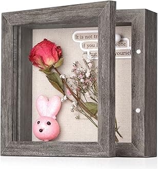 Califortree 5x5 Small Shadow Box Frame with Linen Back - Sturdy Rustic Memory Display Case of Flower, Pictures, Medals and More, Rustic Gray