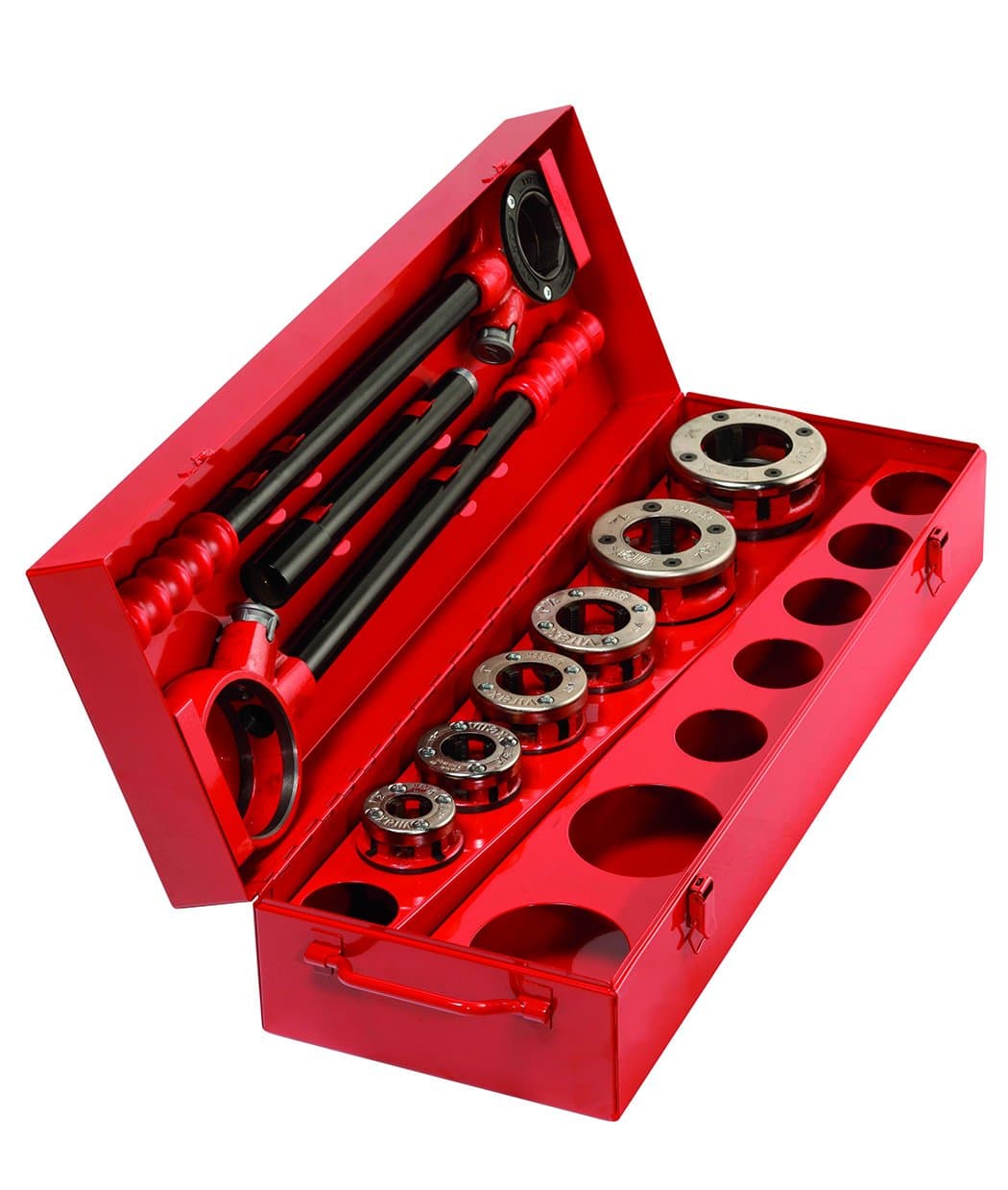 Drophead Ratcheting Pipe Threader Set with Metal Case, 1/2 to 2", Red/Black/Yellow, VX136263