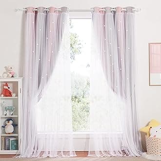 NICETOWN Kids Blackout Curtains Voile - Eyelet Top Thermal Insulated Curtains Light Blocking Filter Window Star Curtain for Kids Girls Nursery Bedroom, Grey Pink, 2 Panels, W52 x L84 Inch (132x213 cm)