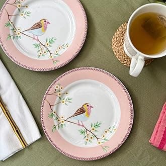 GOLDEN QUEEN'S Snack Plates Set of 4 | Perfect for Snacks, Desserts, Appetizers, Salads, Tapas, Cheese | 7 inches Wide | Microwave Safe (Birdie in Pink)