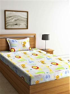 Home Sizzler 144 Tc Microfibre Kid's Animal Character Single Bedsheet with 1 Pillow Cover, Orange