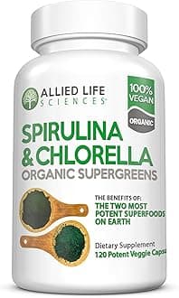 Spirulina and Chlorella | Organic Chlorophyll Vegan Protein Powder Green Superfood | 120 Capsules