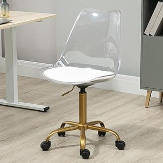 Acrylic Clear Desk Chair, Modern Small Cute Armless Vanity Rolling Plastic Chair Home Office Lucite Ghost Chairs Cushion Padded with Golden Legs, Clear
