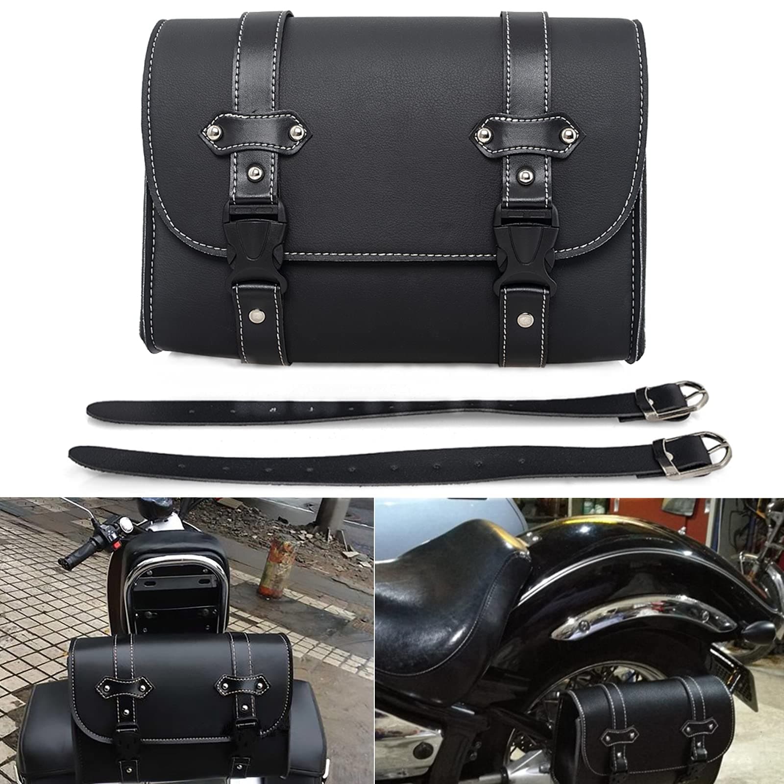 Motorcycle Saddle Bag - Black PU Leather Motorcycle Handlebar Tool Bag Waterproof Travel Luggage Side Bag Universal Tail Pouch with 2 Mounting Straps