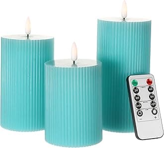 ANGELLOONG Teal Flameless Candles with Remote, Turquoise Battery Operated Candles with Timer, Set of 3 Real Wax Spring LED Fake Ribbed Pillar Candles for Bathroom Wedding Kitchen Living Room Deocr