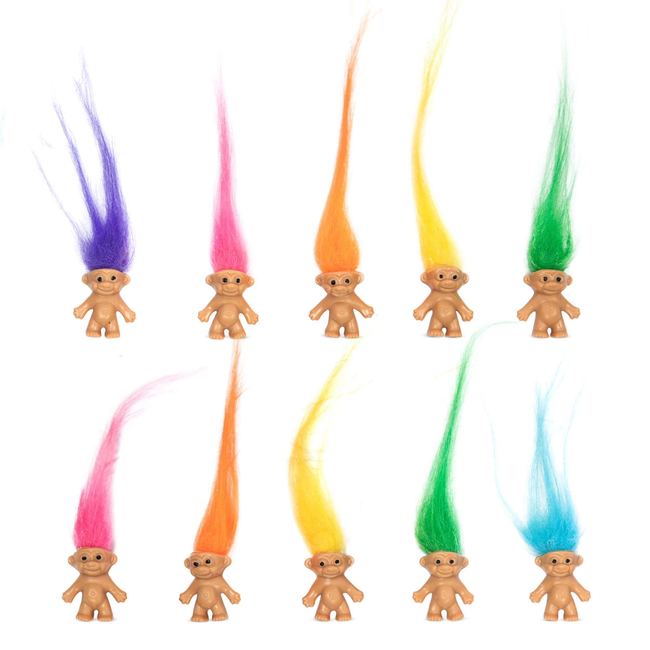 Long-haired Mini Troll Dolls, 10 Pieces, Ages 6+, Assorted Hair Colors, 0.78" Bodies, 2" Hair (10)