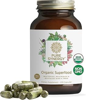 PURE SYNERGY Superfood Capsules | Organic Superfood & Greens Supplement | Whole Foods Like Super Greens, Spirulina, & Mushrooms | for Energy, Healthy Aging & Immune Health (270 Capsules)