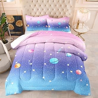 BailiPromise Space Comforter Set for Girls Boys Full Size 3 Pieces Colorful Stars Kids Bedding Sets Pink Blue Rainbow Bed Collections Pastel Galaxy Planets Duvet Set(1 Comforter, 2 Pillowcases)