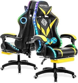 HOFFREEGaming Chair Massage with Bluetooth Speakers and Led Lights Ergonomic Computer Gaming Chair with Footrest RGB Video Game Chair with High Back Lumbar Support Yellow and Black