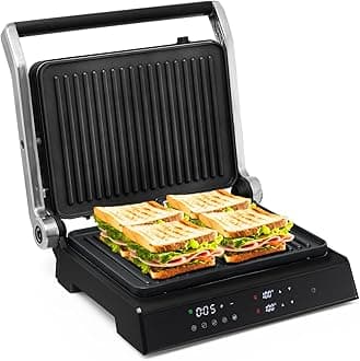 TANGZON Electric Fold-out Non-Stick Grill, LED Touch Gourmet Sandwich Maker Panini Press with 2 Detachable Plates & Adjustable Temperature, BBQ Griils Countertop Breakfast Hotplate (Bakelite Top)