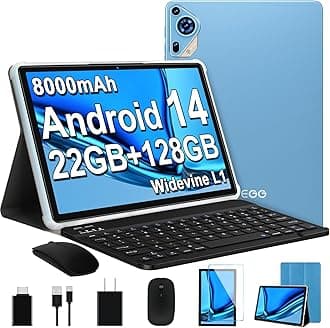 2025 Android 14 Tablet 10" Octa Core Tablet with 22GB RAM + 128GB ROM (Extends to 1TB), 8000mAh Large Battery 1280x800 IPS HD Touch Screen, Widevine L1 Compatible with Keyboard & Mouse Metal Blue