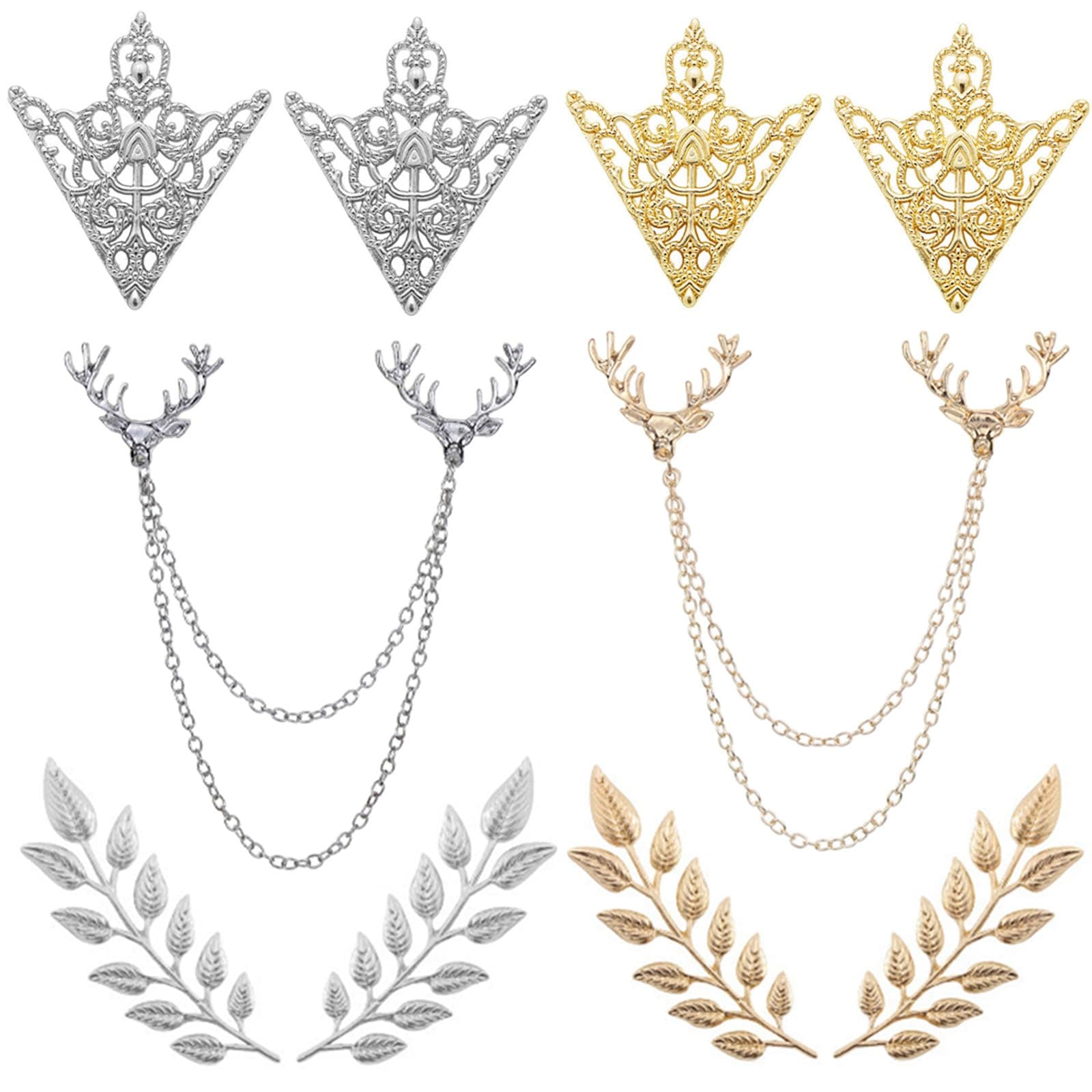 JinYu10pcs Hollow Pattern and Angle Triangle Collar leaf Brooch Antler with hanging chains Gold and Silver for Men Women