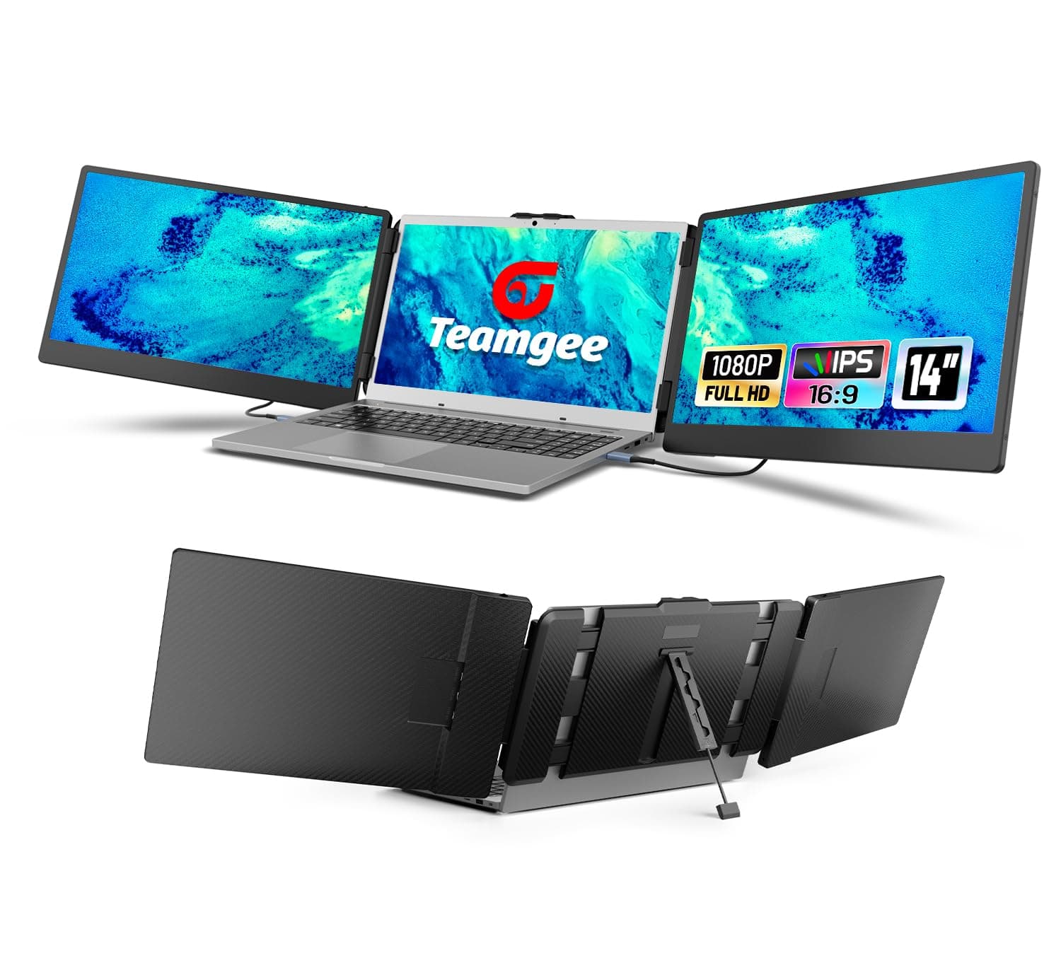 Teamgee 14" Laptop Screen Extender, FHD 1080P IPS Triple Portable Monitor for 13''-17" (Diagonal) Laptop, HDMI/USB-A/Type-C Plug & Play, Built-in Speakers & Adjustable Stand, for Mac/Wins/Android/Dex