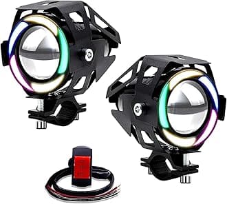 LED Motorcycle Spotlights Driving Fog Lights with Colorful Angel Eye Ring, Universal for Motorcycle ATV Street Bike Truck Boat (Included Switch)