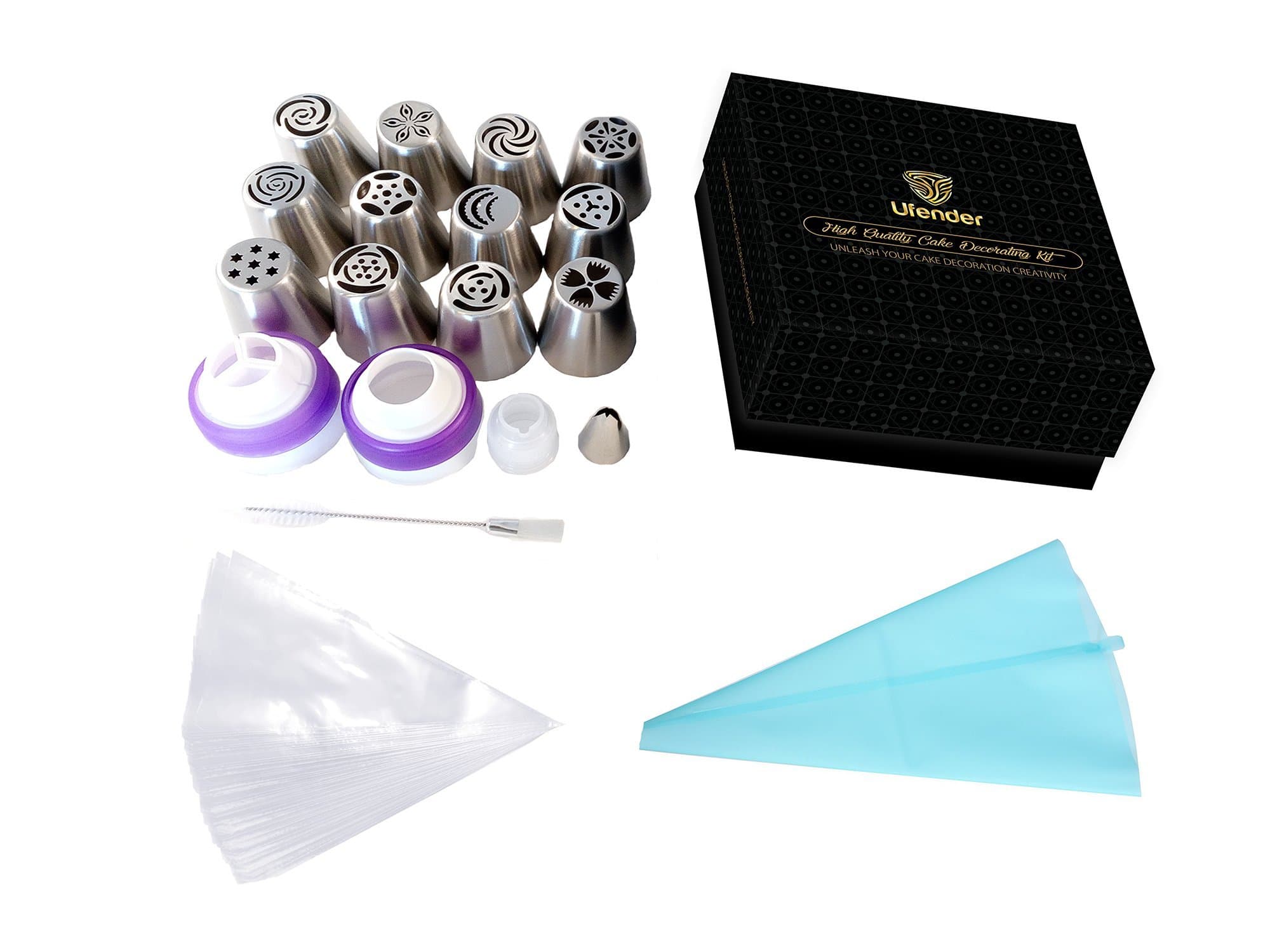 Russian Piping Tips Complete Set by Ufender 38pcs Set 12 Russian Piping Nozzles, 3 Couplers, 20 Strong Disposable Bags, 1 Reusable Silicone Bag and a Cleaning Brush Large Cake Decorating Frosting Tips
