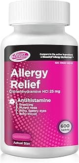 Allergy Relief Antihistamine, Diphenhydramine HCl 25mg, (600 Count), Compared to the National Brand Allergy Ultratabs, Relieves Seasonal Indoor or Outdoor Upper Respiratory Allergies