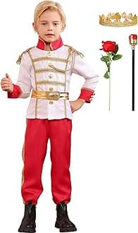 FYMNSI Prince Charming Costume for Kids Boys Halloween Carnival Cosplay Party Fancy Dress Up Tunic Top Pants Crown Scepter Set