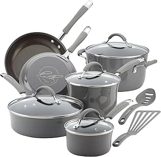 - 16802 Rachael Ray Cucina Nonstick Cookware Pots and Pans Set, 12 Piece, Sea Salt Gray
