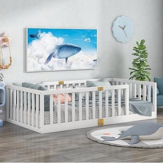 Tatub Twin Montessori Floor Bed with High Rails, Solid Wood Montessori Bed Frame for Kids, Entry Can Install Left and Right, Twin-White