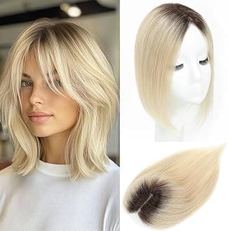 Hair Toppers for Women Real Human Hair,12 Inch Hairs Topper for Women No Bangs Top Extensions Pieces for Thinning Hairs Upgrade Lace Base Dark Roots Light Blonde