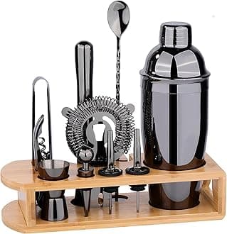 Cocktail Shaker Set Bartender Kit : 12-Piece Bar Tool Set with Bamboo Stand | Bar Set with All Practical Bar Accessories, for Drink Mixing, Bar, Home, Lounge & Party (Titanium Grey)