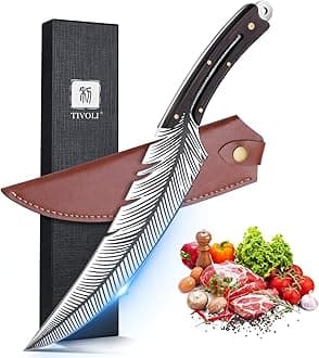 TIVOLI Feather Carving Knife,8 inch Boning Butcher Knife for Meat Cutting, Hand Forged High Carbon Steel Viking Fillet Knife for Brisket Outdoor Camping BBQ Father's Day Christmas Gift Men Women