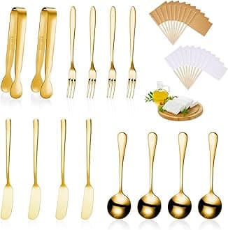 Patelai Charcuterie Boards Accessories Charcuterie Utensils Set Cheese Butter Spreader Knives Stainless Steel Mini Serving Tongs Spoons Forks and Toothpick Flags for Appetizers Pastry(Golden)