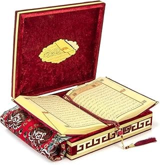 ihvan online Luxury Islamic Prayer Velvet Covered Gift Box, Deluxe 4 Piece Set with Elegant Velvet Covered Quran & Prayer Beads Tesbih & Prayer Rug, Ramadan & Eid Gift, Burgundy