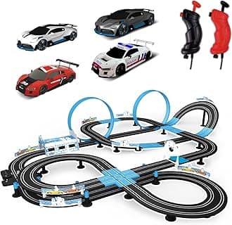 AGM MASTECH MASETCH High Speed Series Tram Dual Track Set, 13.5m Electric Track with 3 Vehicles Slot car Racing, Comes with 2 Hand Controls and Track Parts and a Lap Counter