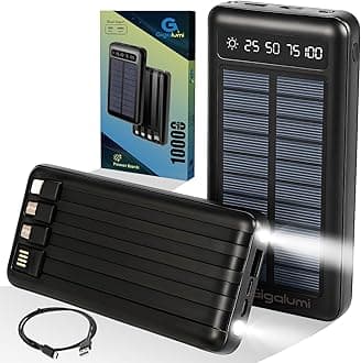 GIGALUMI 10000mAh Solar Power Bank Built-in COB Flashlight Portable Charging Device with LED Indicators 2 USB Output Ports & USB-A to Micro-USB Cable for Smartphones Tablets (Pack of 1, Black)