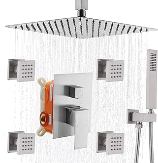 Enga Rain Shower System with Body Jets, 12" Ceiling Rain Shower, All Metal Multiple Shower Head System, Contain Rough-in Shower Valve, Brushed Nickel